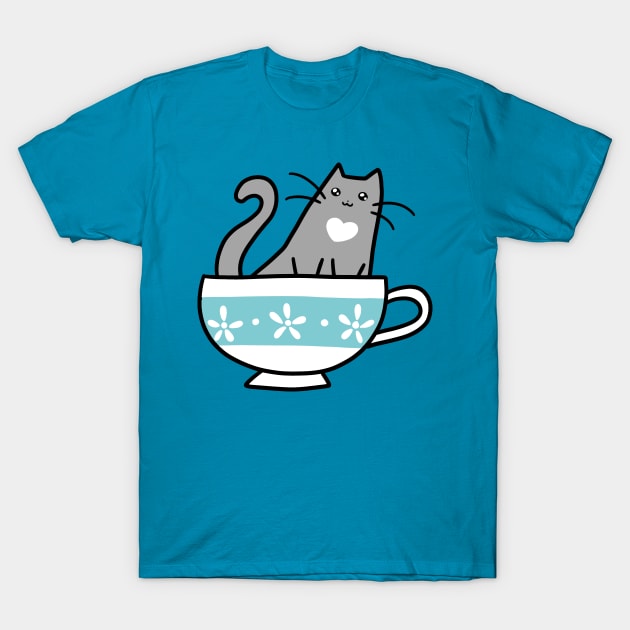 Teacup Blue Cat T-Shirt by saradaboru